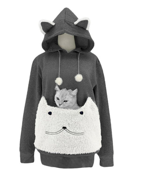 Women's Cosy Cat Motif Hoodie with Practical Kangaroo Pocket