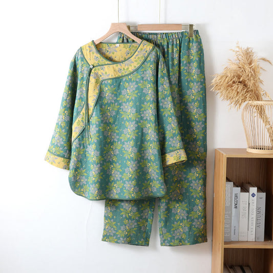 Ensemble de pyjama floral pour femme en gaze de coton, boutons traditionnels - Ensemble 2 pièces léger, respirant et doux avec fermeture style chinois