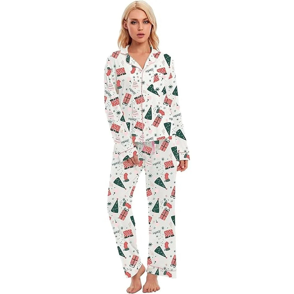 Pyjama en coton pour femme - Ensemble de Noël à manches longues avec fermeture boutonnée