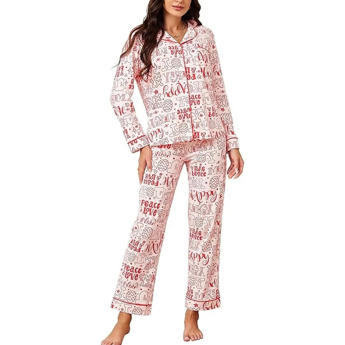 Pyjama en coton pour femme - Ensemble de Noël à manches longues avec fermeture boutonnée