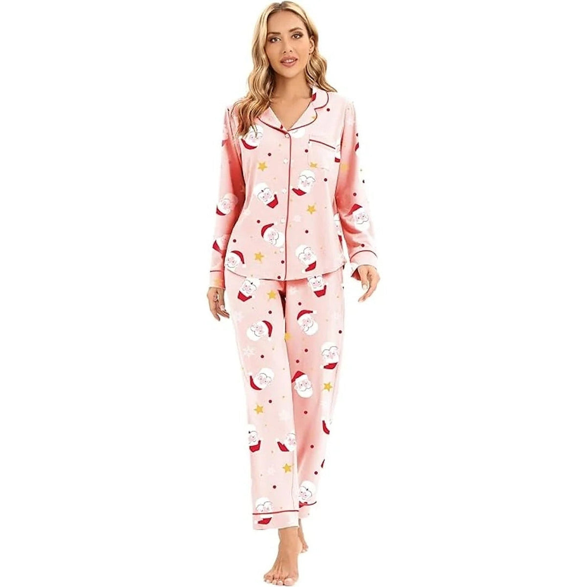 Pyjama en coton pour femme - Ensemble de Noël à manches longues avec fermeture boutonnée