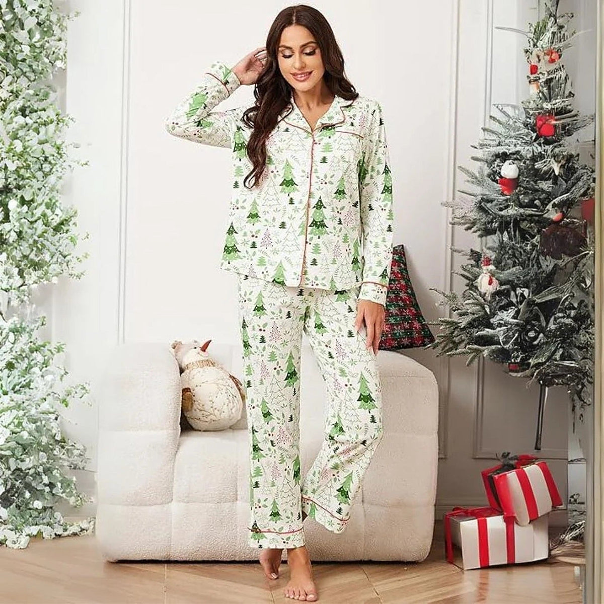Pyjama en coton pour femme - Ensemble de Noël à manches longues avec fermeture boutonnée