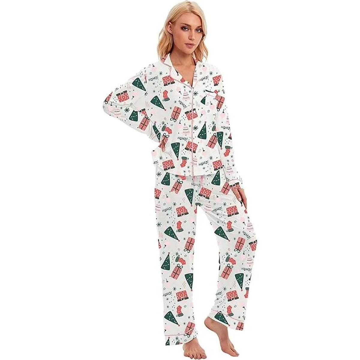 Pyjama en coton pour femme - Ensemble de Noël à manches longues avec fermeture boutonnée