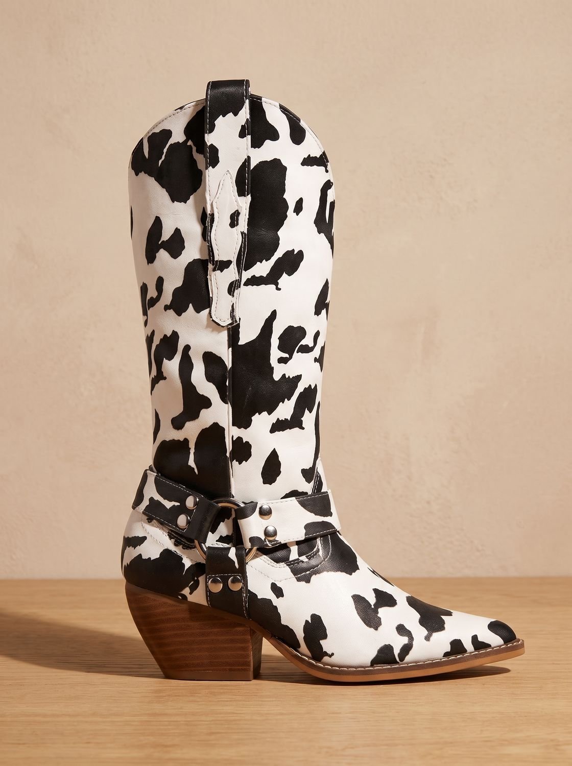 Bottes de cowboy western pour femme à imprimé vache, talon carré et bout pointu