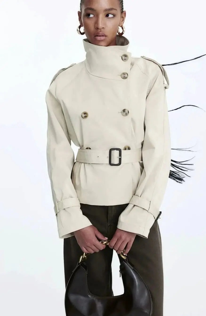 Veste trench courte ceinturée pour femme avec col montant