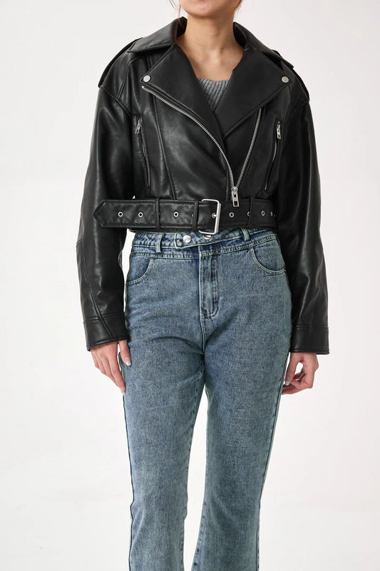 Veste de motard courte à fermeture éclair sur le devant et ceinture pour femme