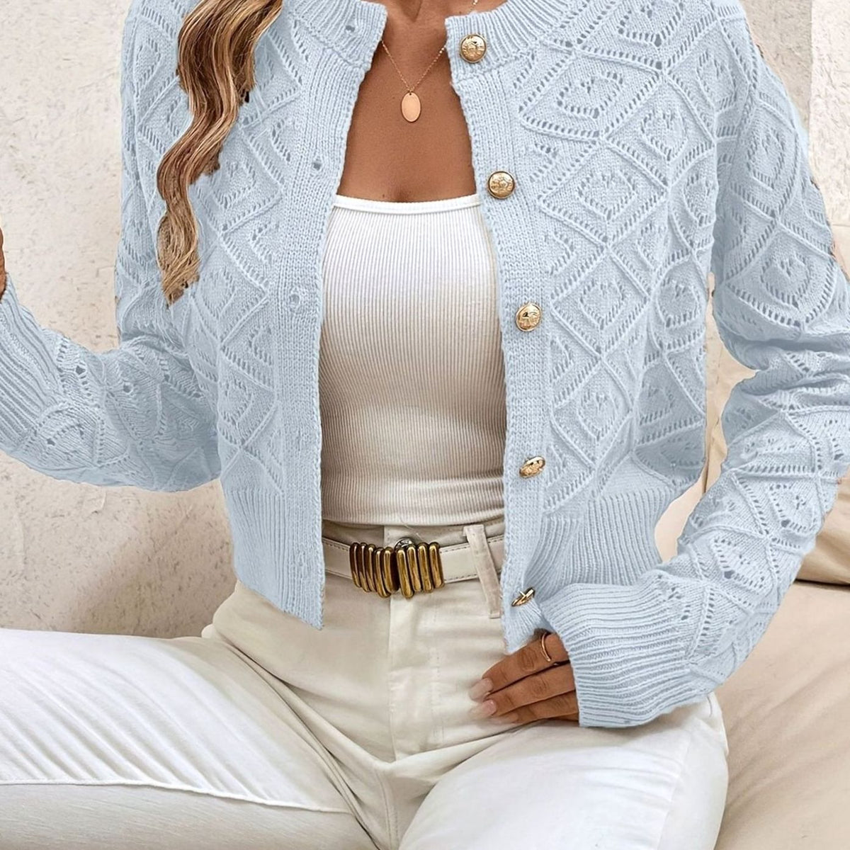 Women's Cropped Diamond-Knit Button-Front Cardigan