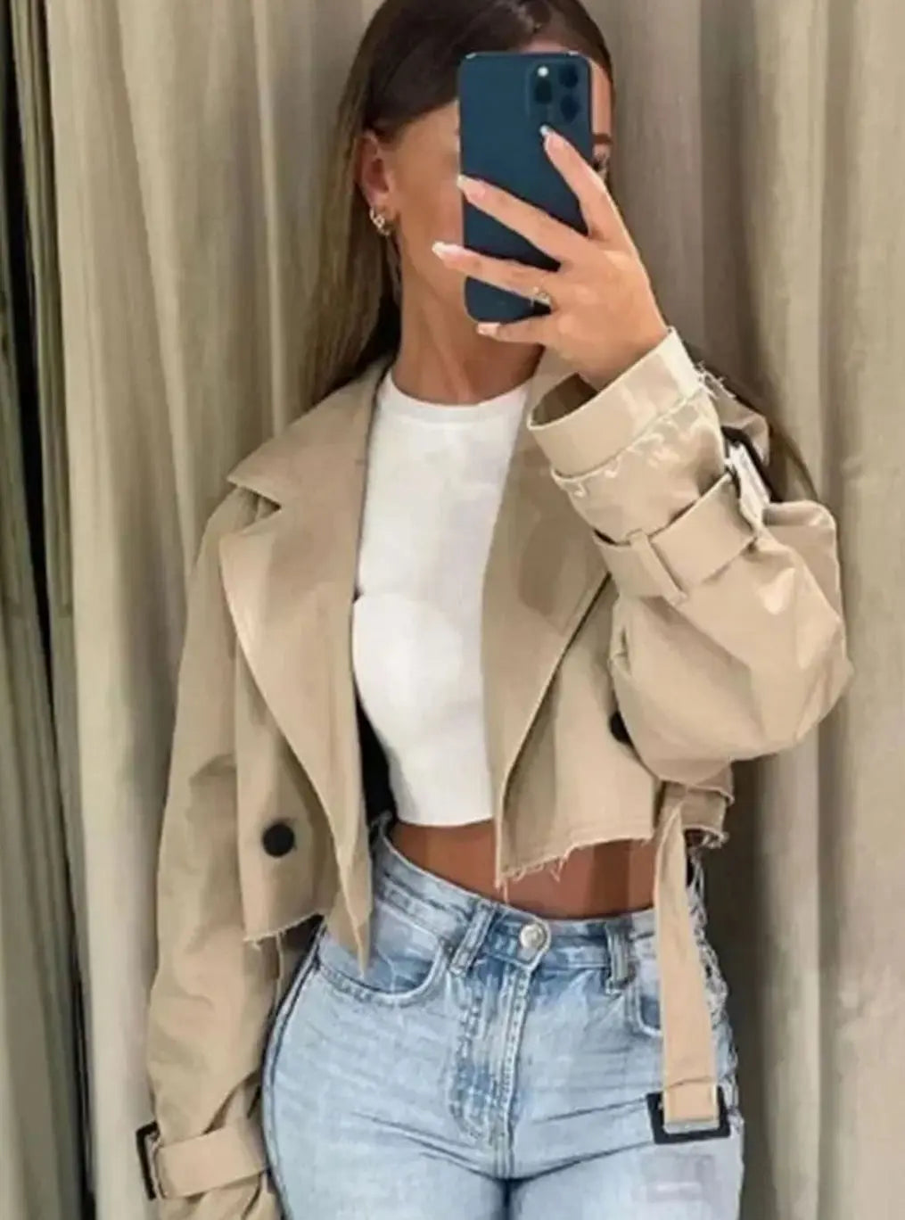 Women's Cropped Long-Sleeve Beige Trench Jacket