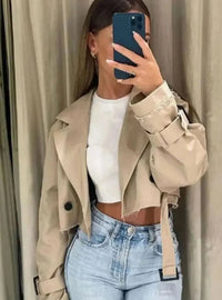 Women's Cropped Long-Sleeve Beige Trench Jacket