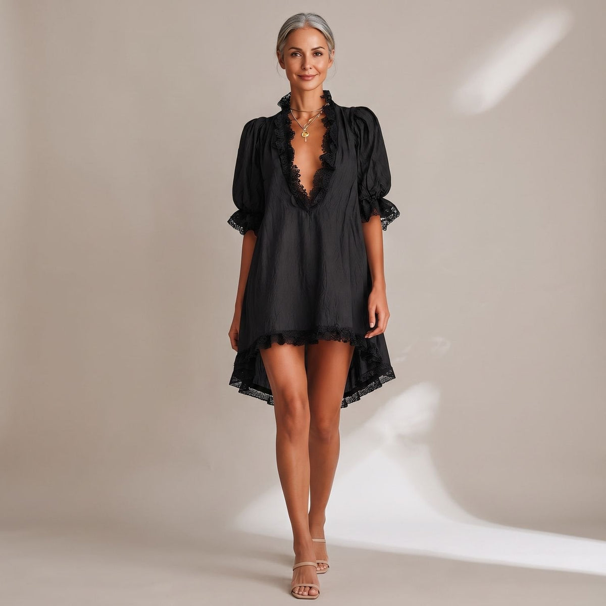 Women's Deep-V-Neck Lace-Trim Mini Dress with Puff Sleeves