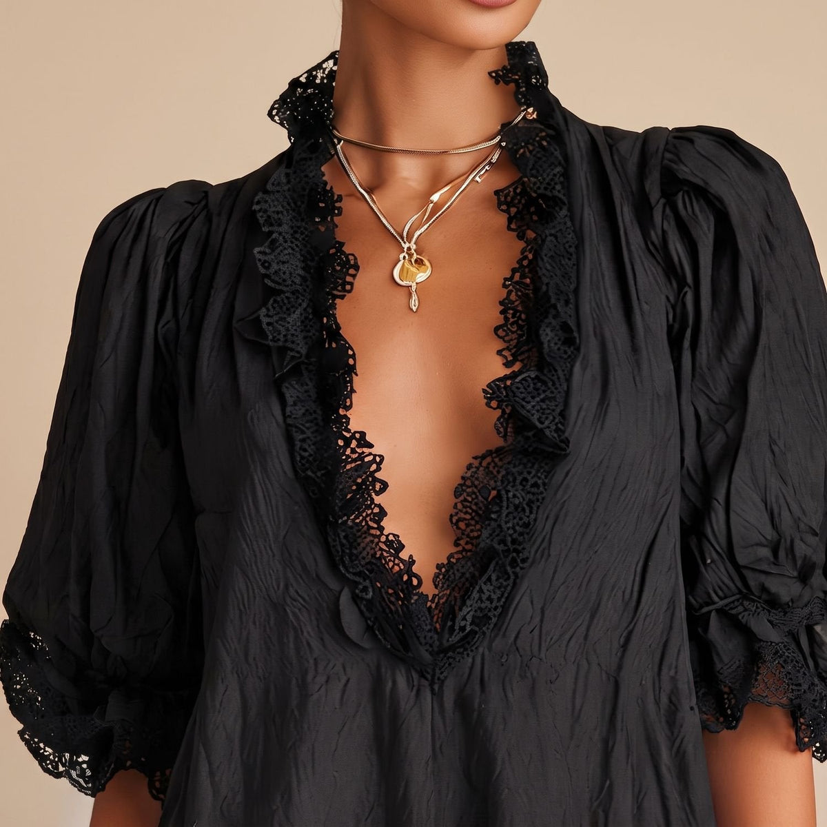 Women's Deep-V-Neck Lace-Trim Mini Dress with Puff Sleeves