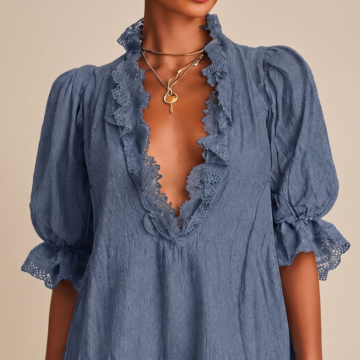 Women's Deep-V-Neck Lace-Trim Mini Dress with Puff Sleeves