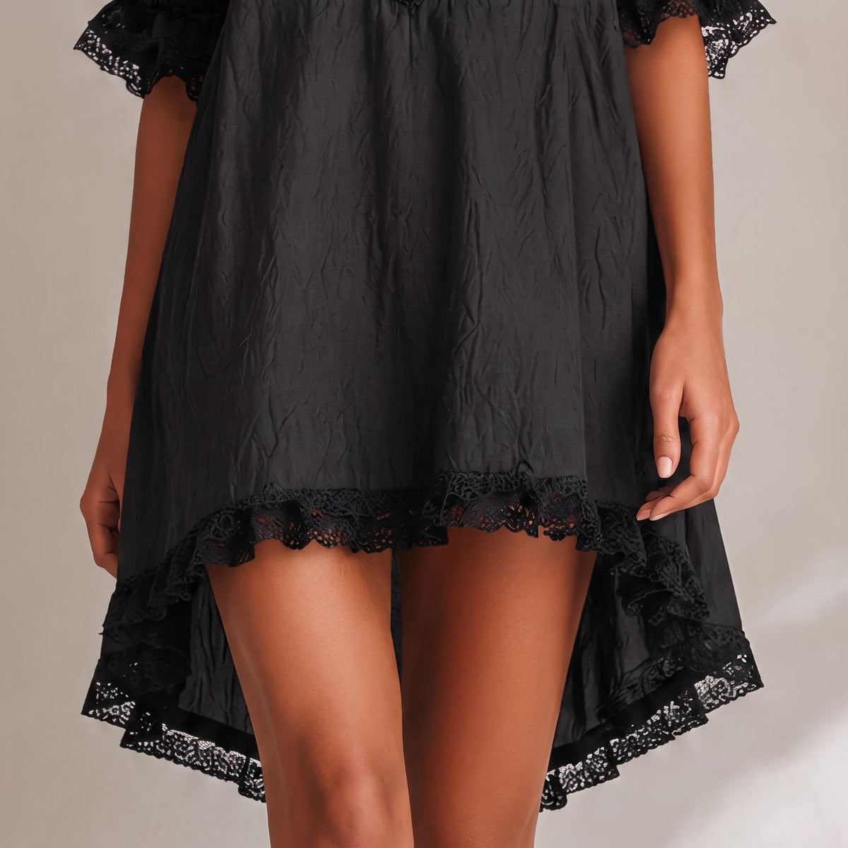 Women's Deep-V-Neck Lace-Trim Mini Dress with Puff Sleeves