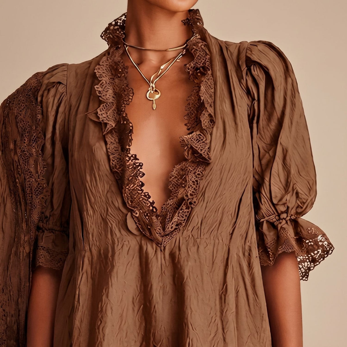 Women's Deep-V-Neck Lace-Trim Mini Dress with Puff Sleeves
