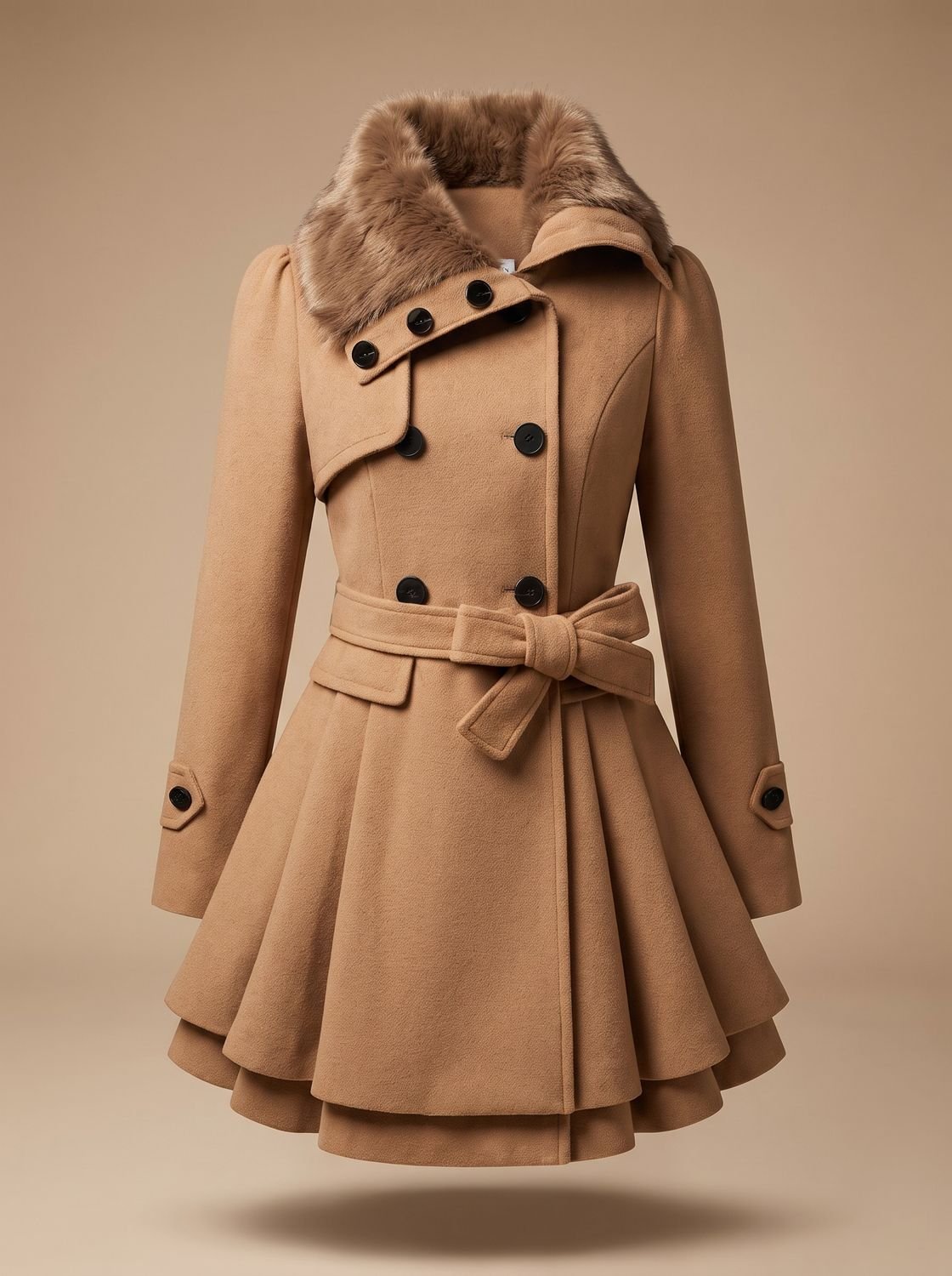 Long manteau en laine pour femme à double boutonnage, ceinturé, avec col en fausse fourrure
