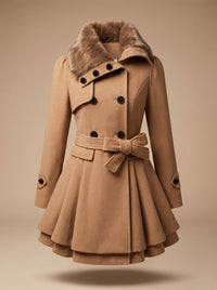 Long manteau en laine pour femme à double boutonnage, ceinturé, avec col en fausse fourrure