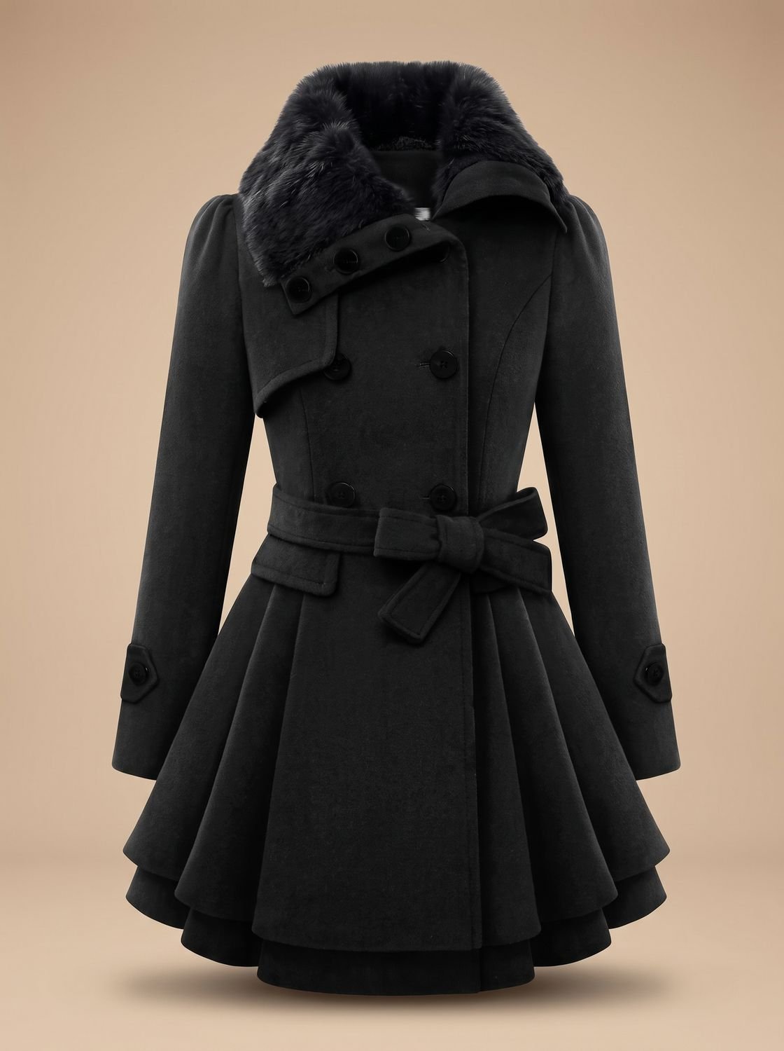 Long manteau en laine pour femme à double boutonnage, ceinturé, avec col en fausse fourrure