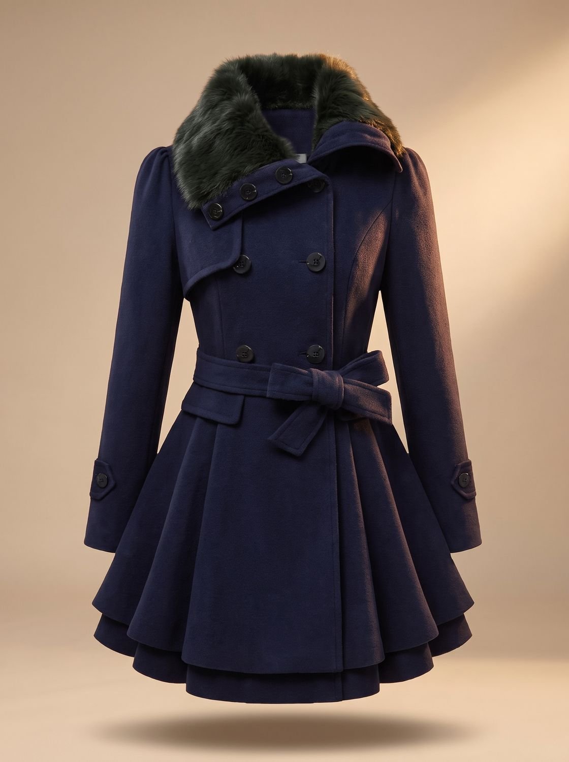 Long manteau en laine pour femme à double boutonnage, ceinturé, avec col en fausse fourrure