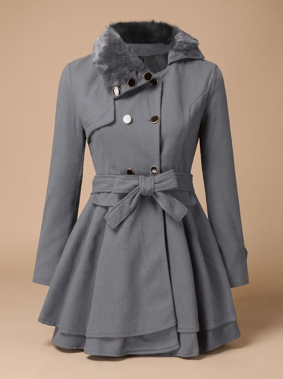Long manteau en laine pour femme à double boutonnage, ceinturé, avec col en fausse fourrure