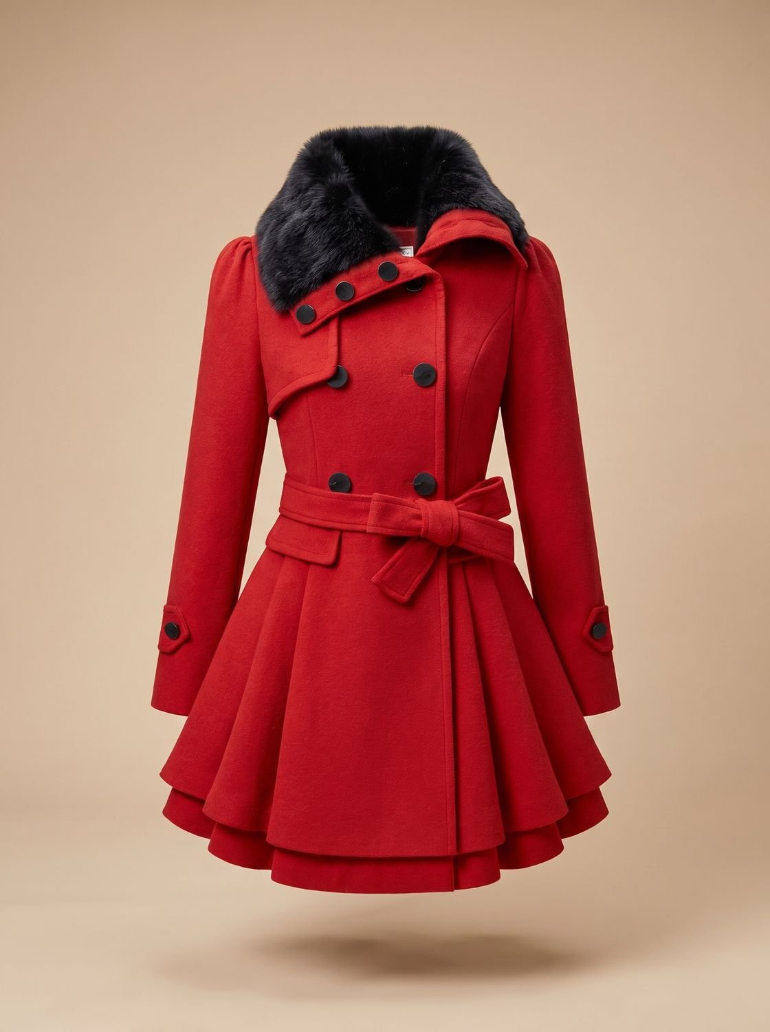 Long manteau en laine pour femme à double boutonnage, ceinturé, avec col en fausse fourrure