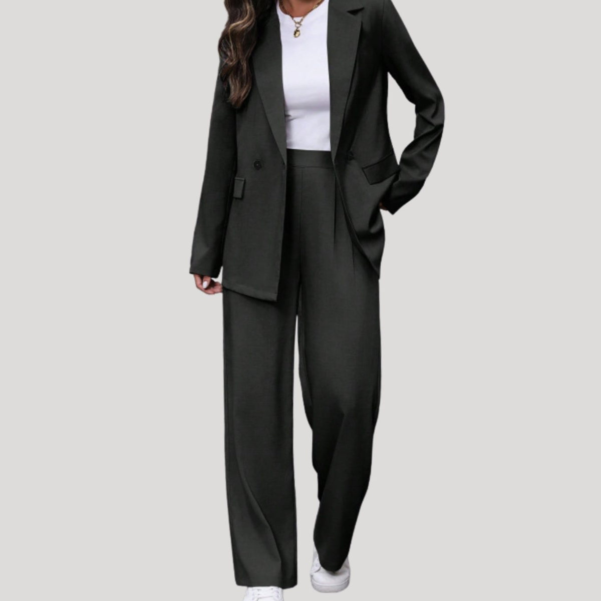 Women's Double-Breasted Tailored Wide-Leg Blazer and Pants Suit Set