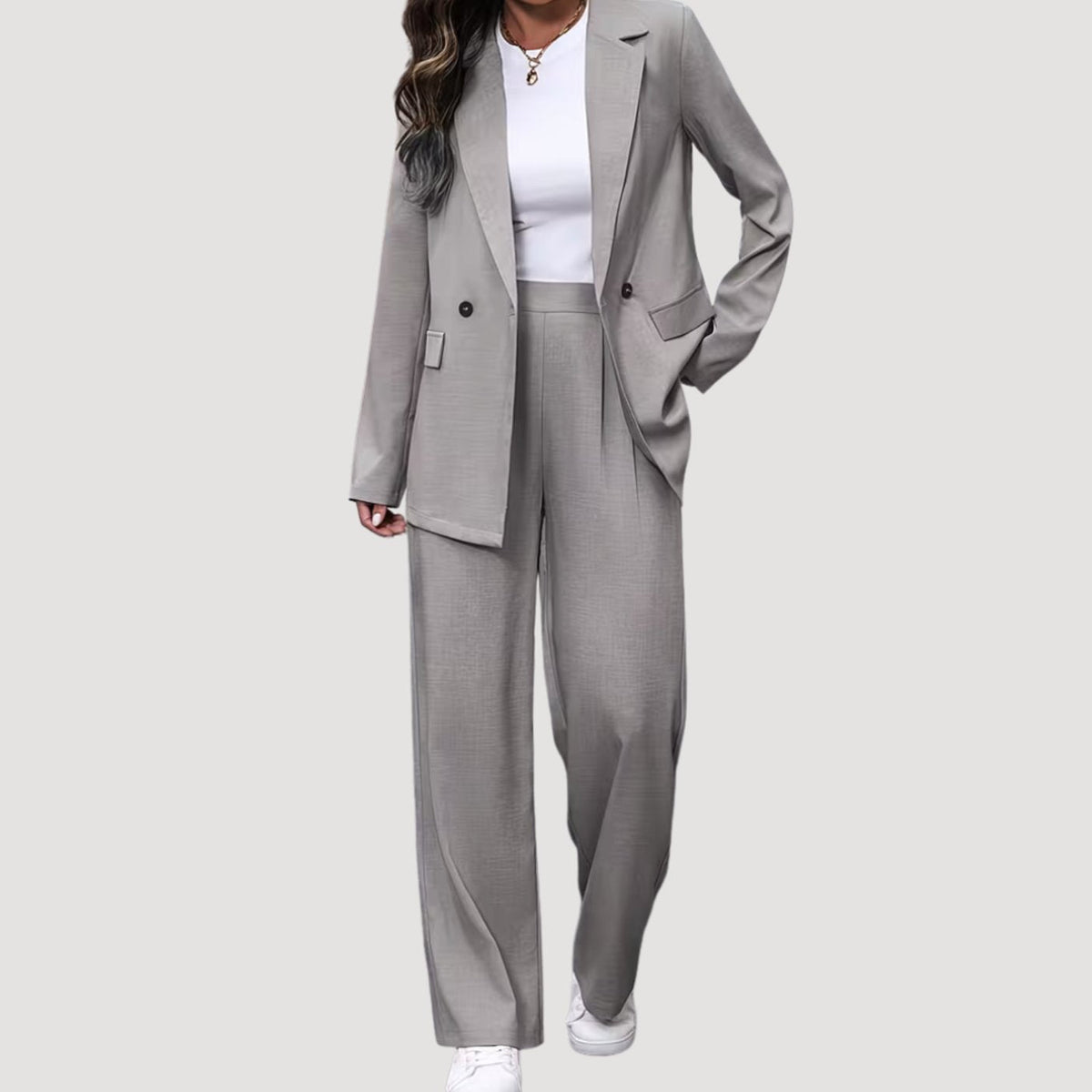 Women's Double-Breasted Tailored Wide-Leg Blazer and Pants Suit Set