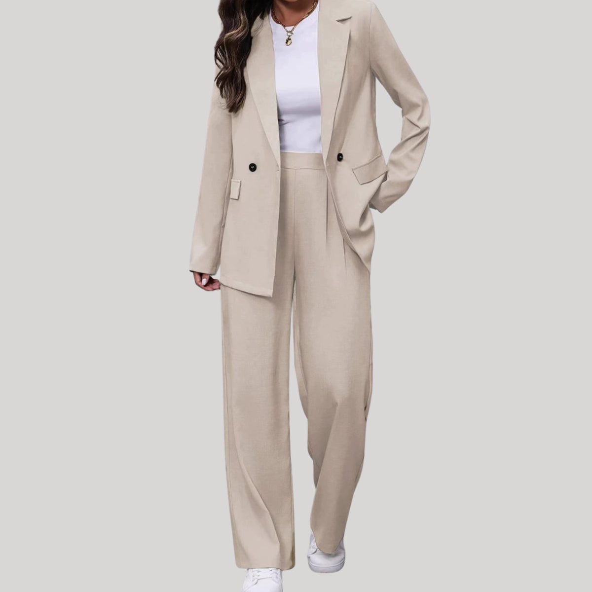 Women's Double-Breasted Tailored Wide-Leg Blazer and Pants Suit Set