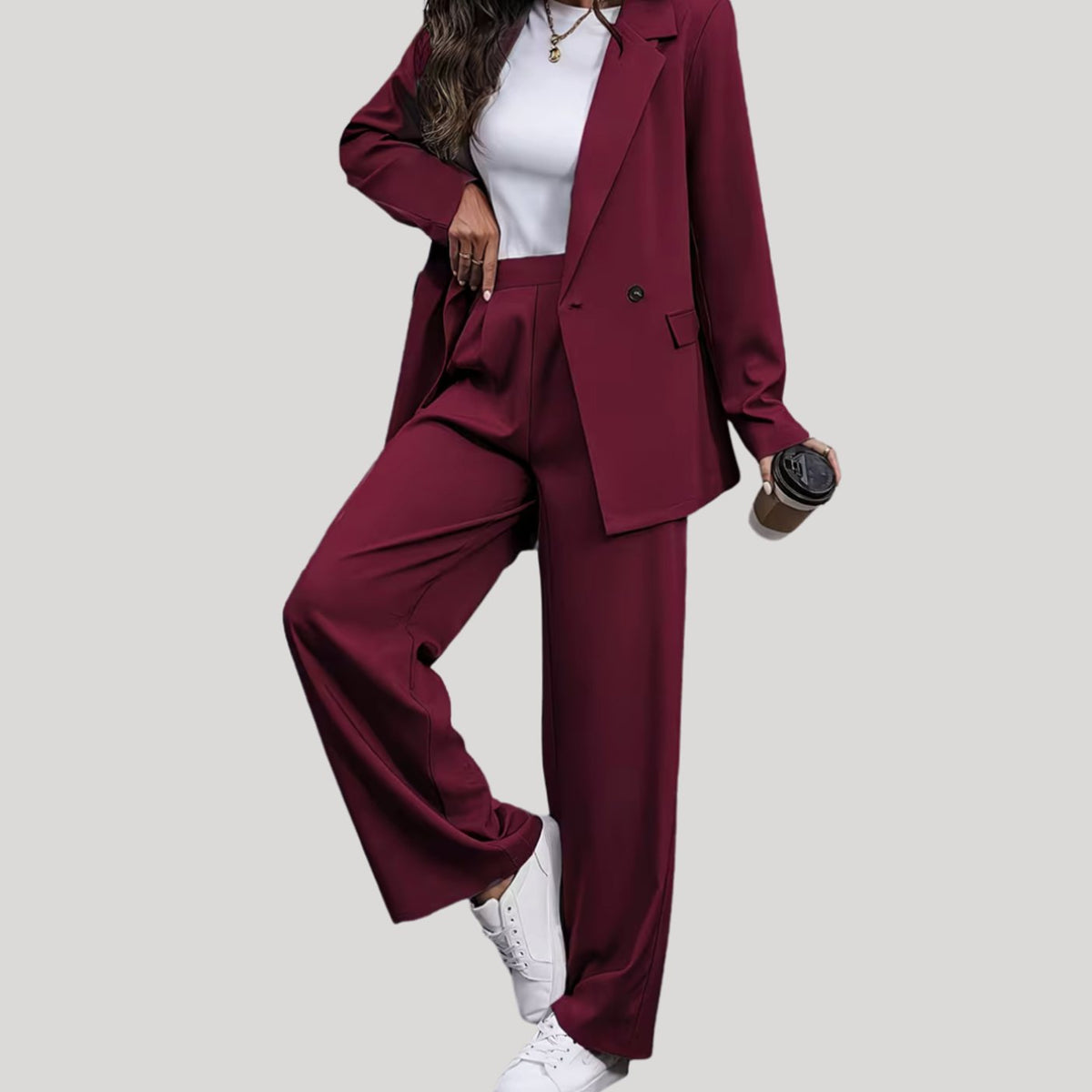 Women's Double-Breasted Tailored Wide-Leg Blazer and Pants Suit Set