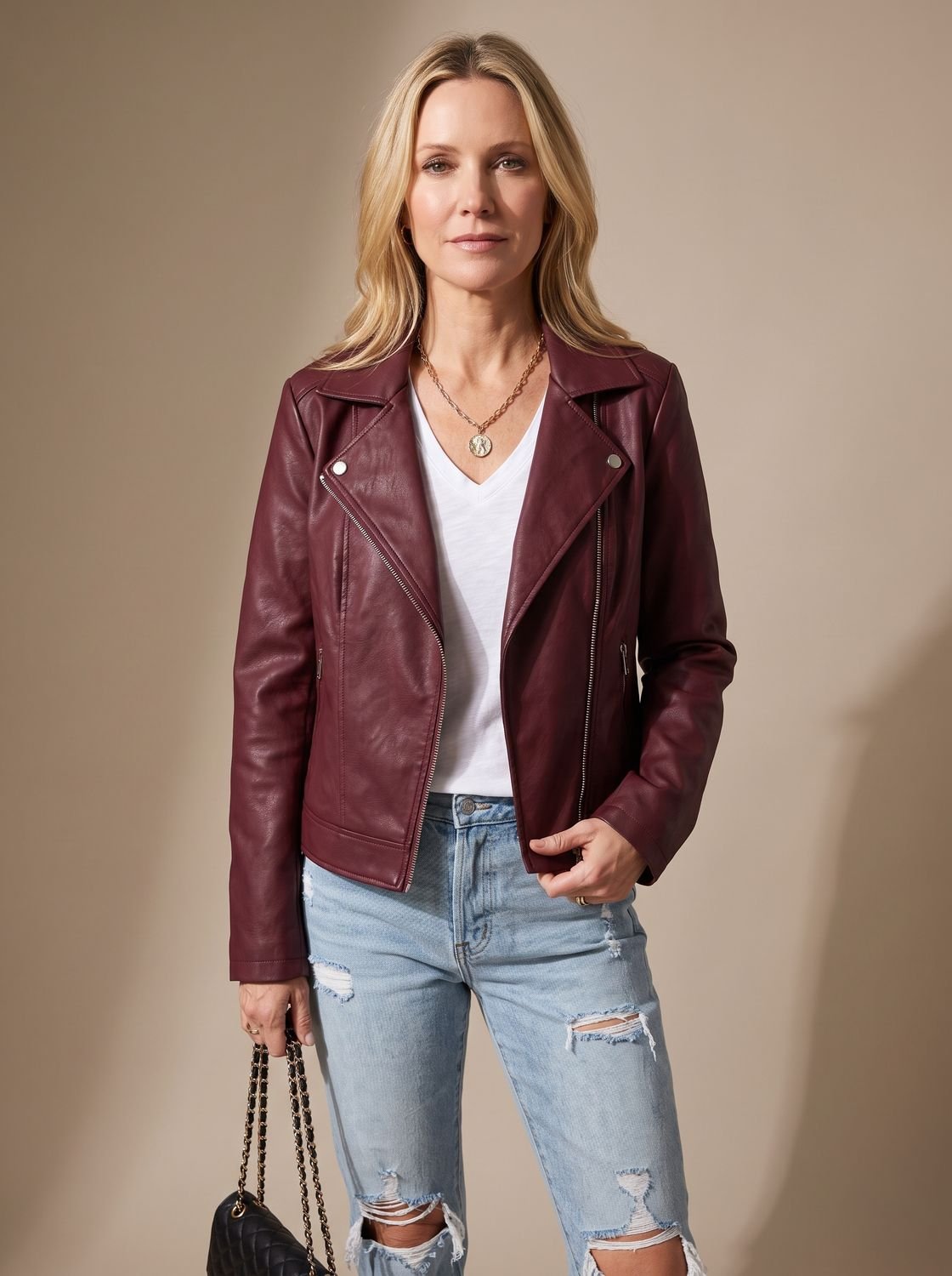 Veste de motard asymétrique en similicuir à fermeture éclair pour femme
