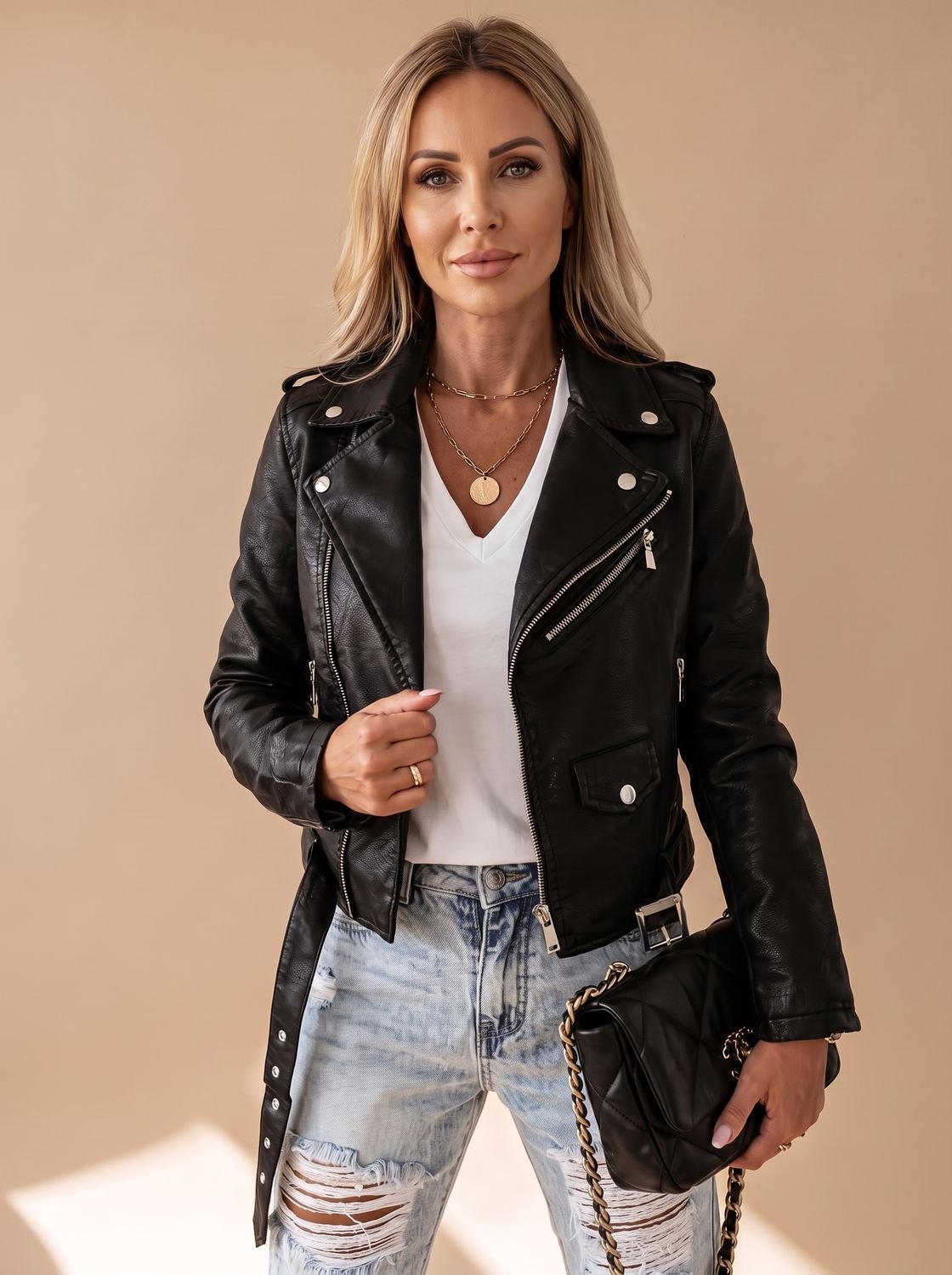 Veste de motard asymétrique en similicuir à fermeture éclair pour femme