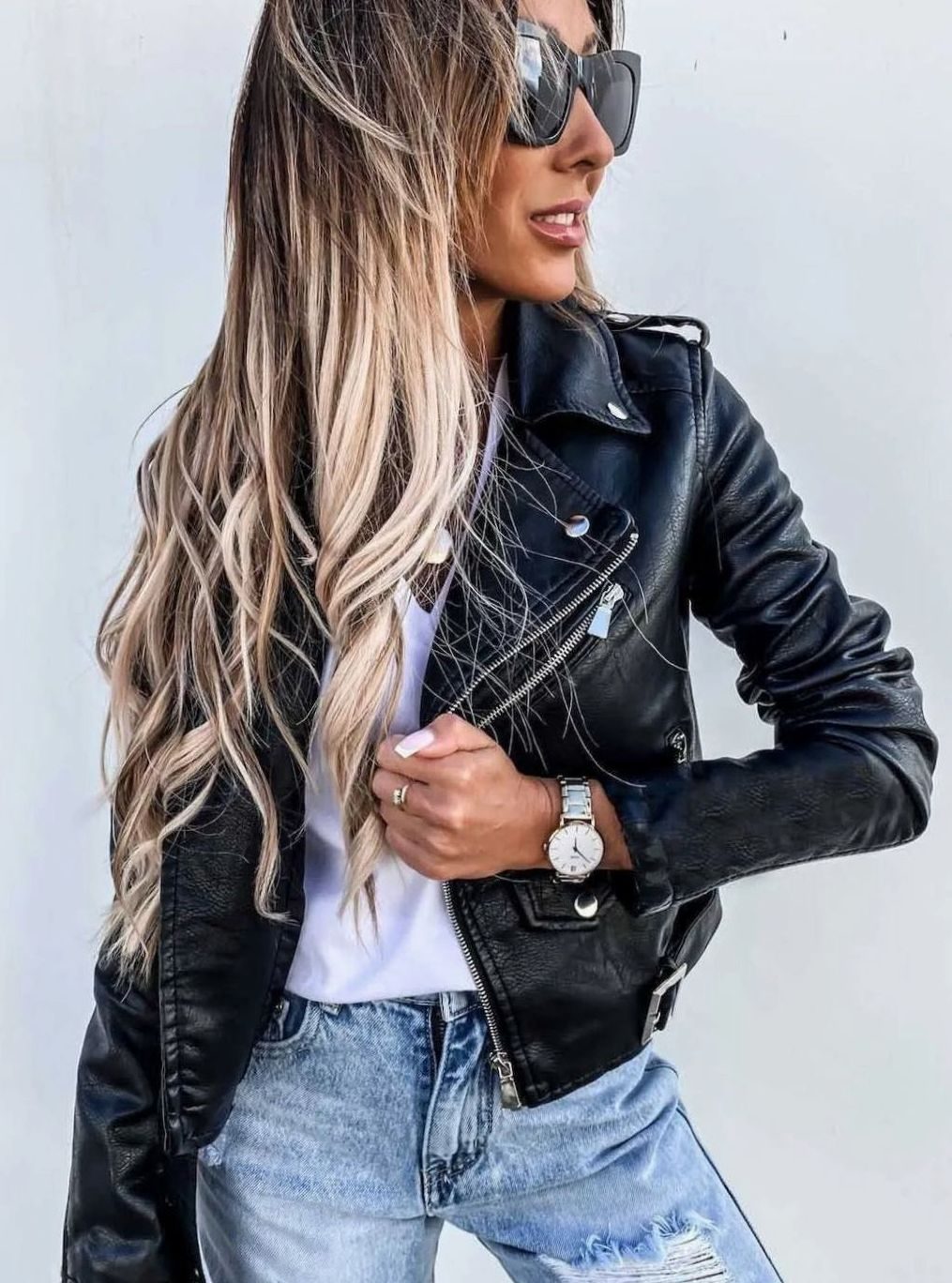 Veste de motard asymétrique en similicuir à fermeture éclair pour femme