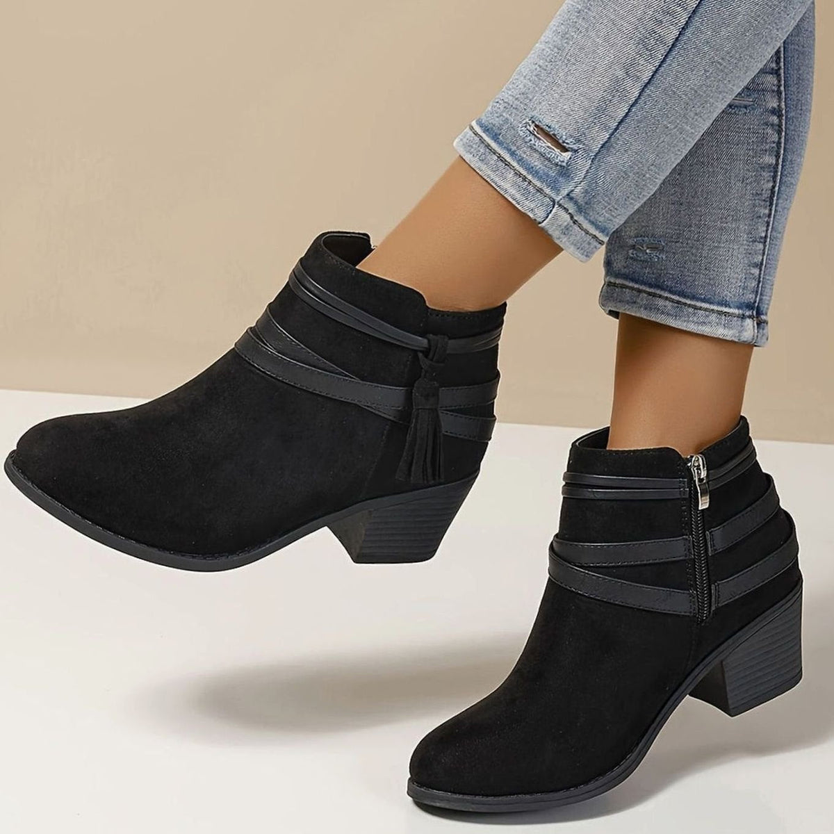Women's Faux Suede Block Heel Ankle Boots with Tassel Straps