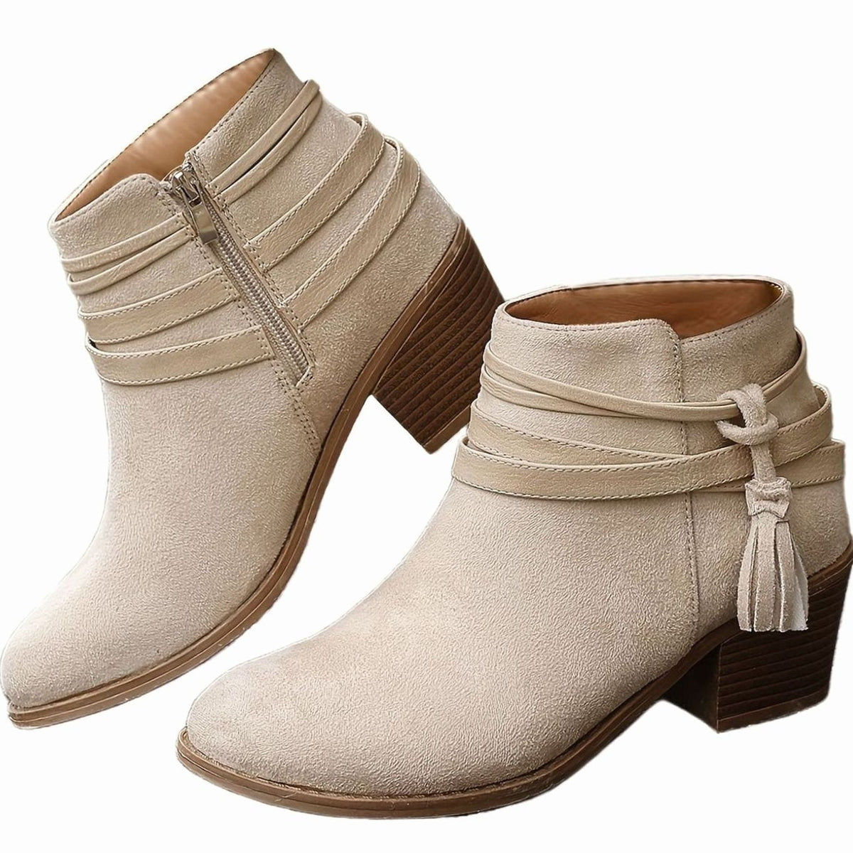 Women's Faux Suede Block Heel Ankle Boots with Tassel Straps