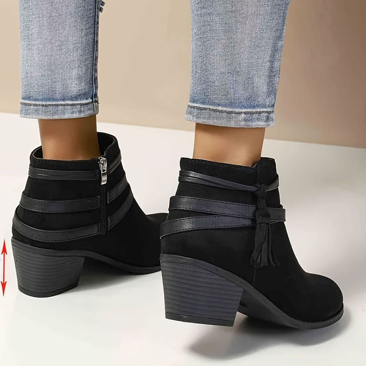 Women's Faux Suede Block Heel Ankle Boots with Tassel Straps