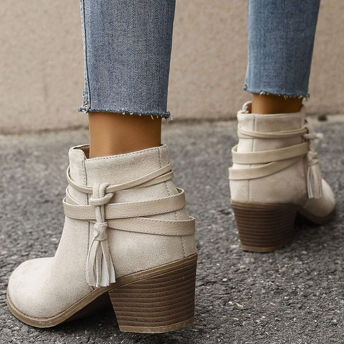 Women's Faux Suede Block Heel Ankle Boots with Tassel Straps