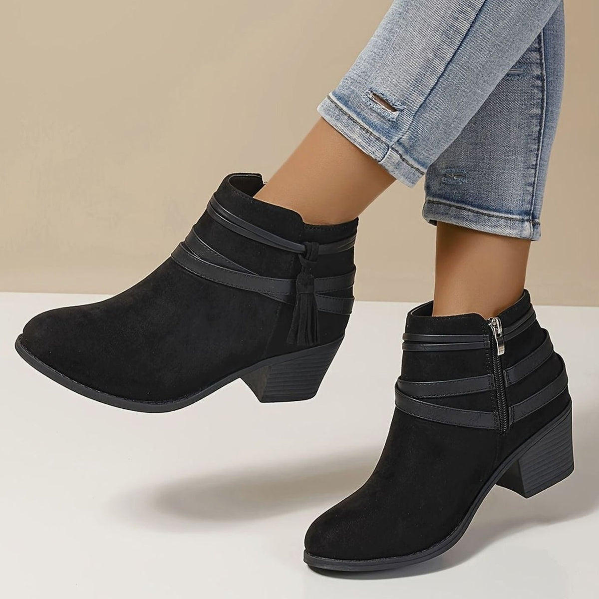 Women's Faux Suede Block Heel Ankle Boots with Tassel Straps