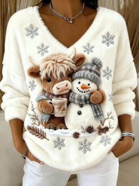 Women's Festive Christmas Sweater with Reindeer and Snowman Motifs | Warm Holiday Knit Sweater