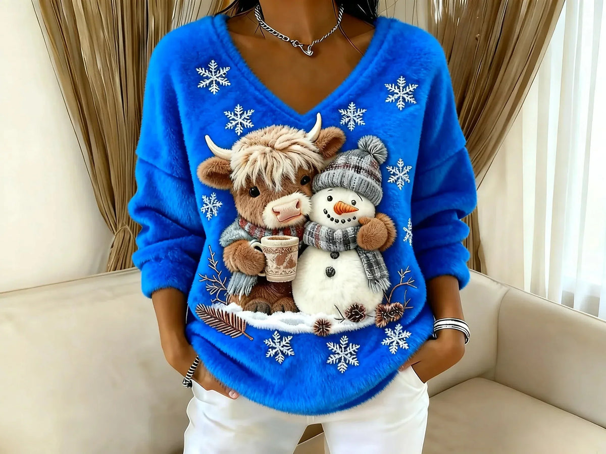 Women's Festive Christmas Sweater with Reindeer and Snowman Motifs | Warm Holiday Knit Sweater