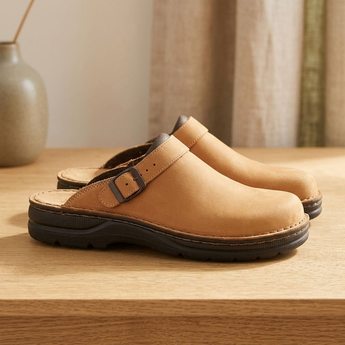 Women's Flat Leather Buckle-Strap Slip-On Mule Clogs