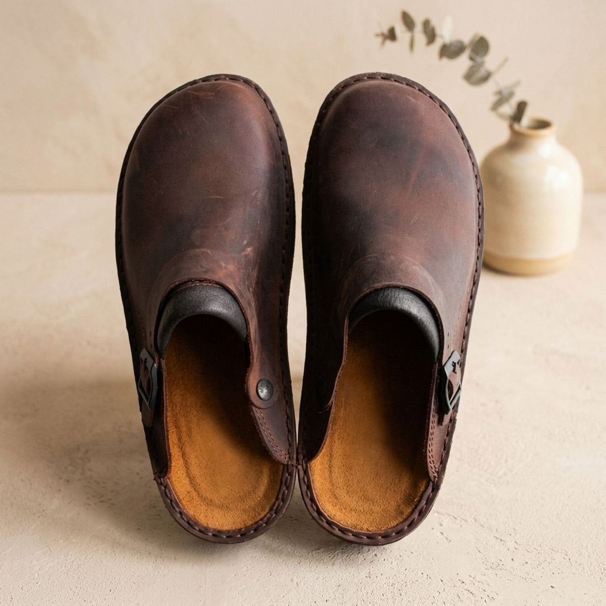 Women's Flat Leather Buckle-Strap Slip-On Mule Clogs