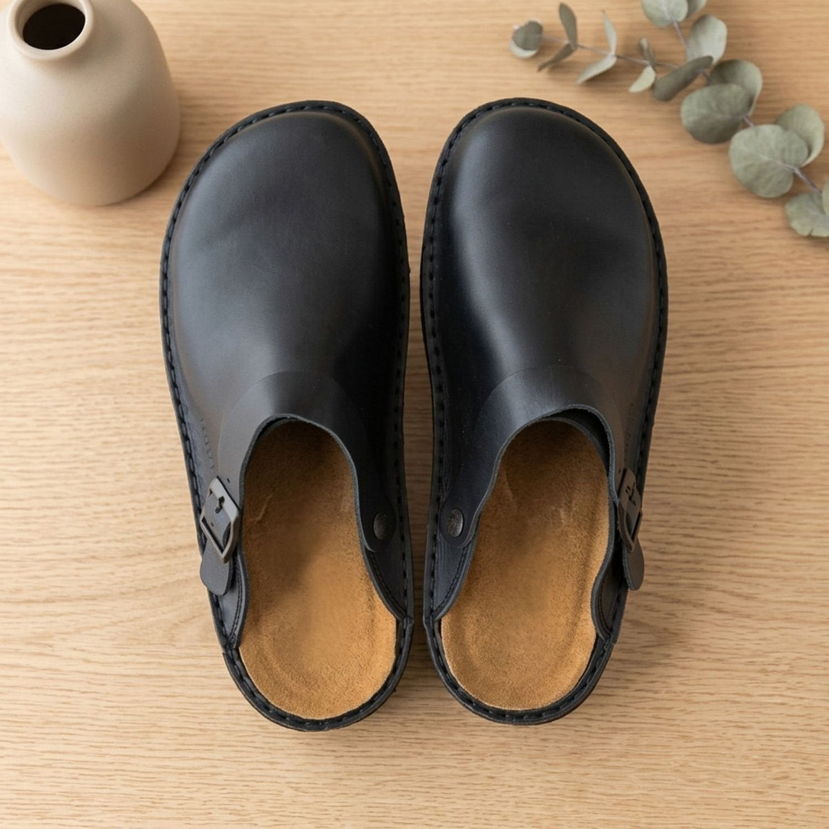 Women's Flat Leather Buckle-Strap Slip-On Mule Clogs