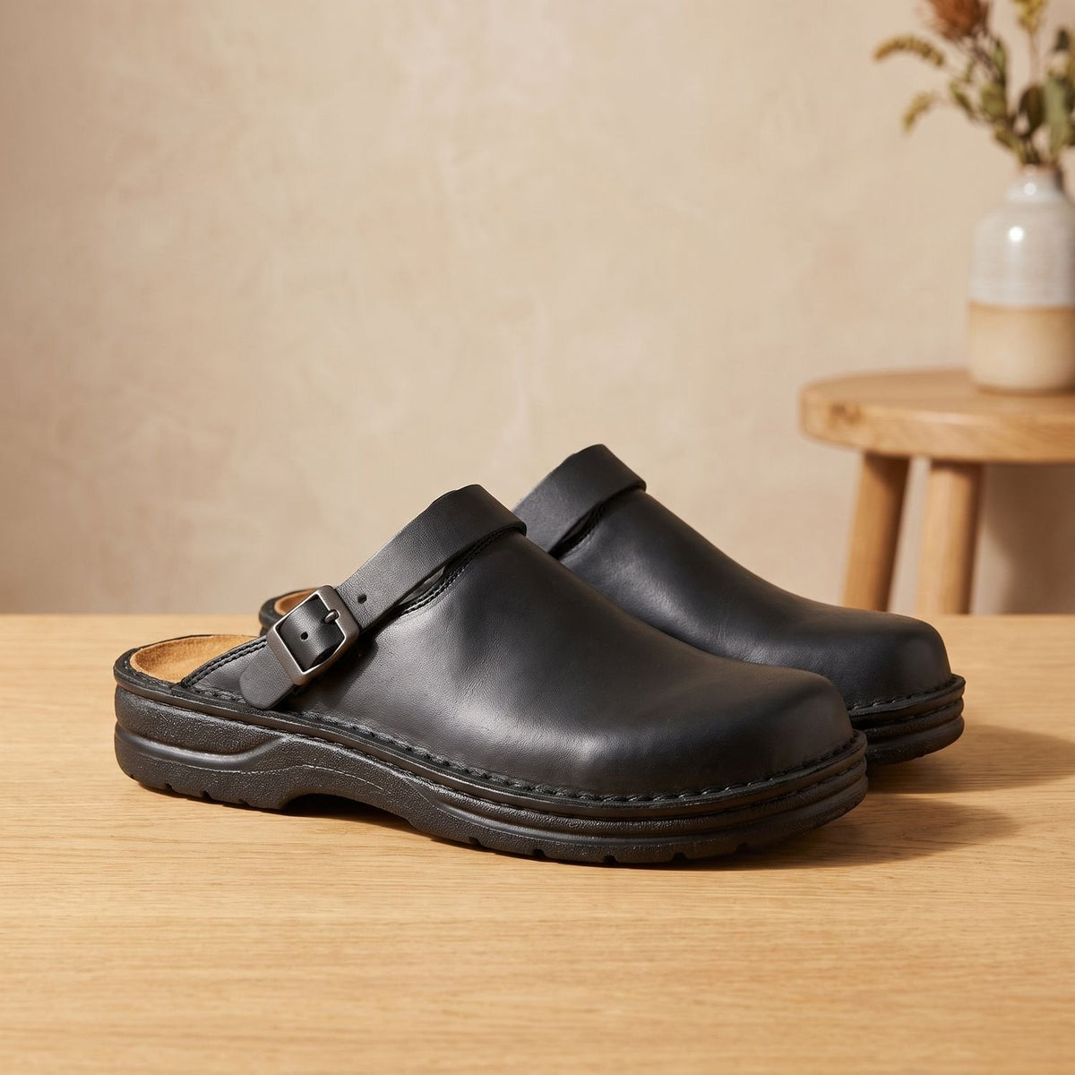 Women's Flat Leather Buckle-Strap Slip-On Mule Clogs