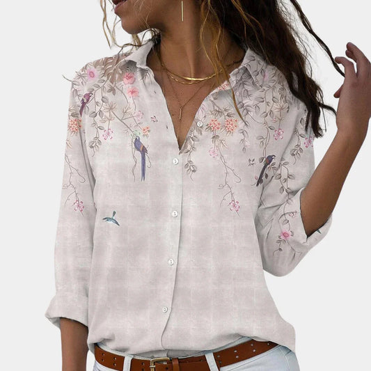 Chemisier pour femme à col boutonné, imprimé floral et oiseaux