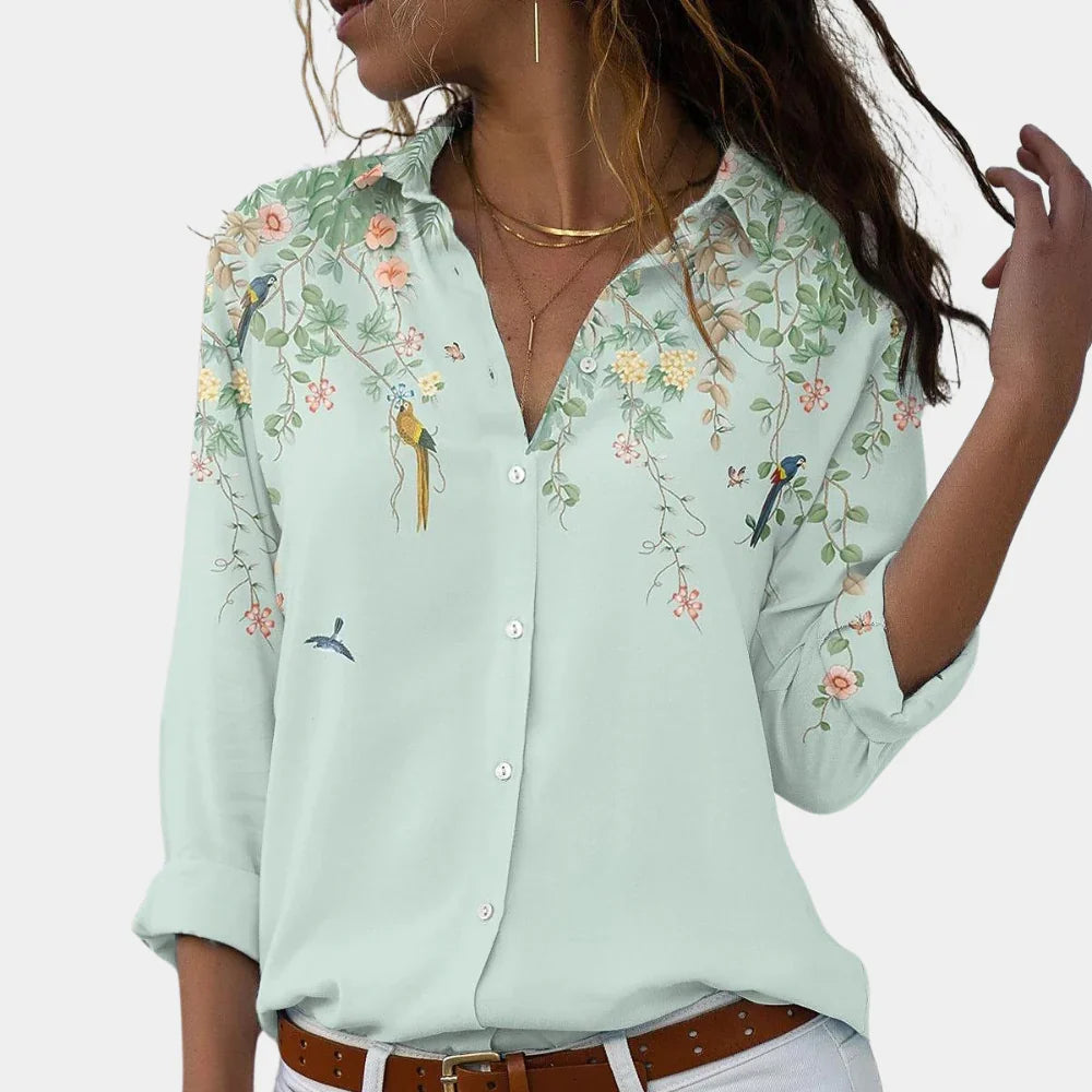 Women's Floral Bird Print Button-Up Collared Blouse