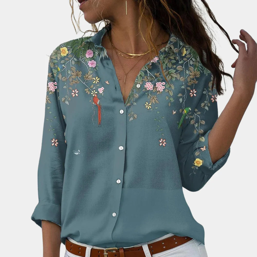 Women's Floral Bird Print Button-Up Collared Blouse