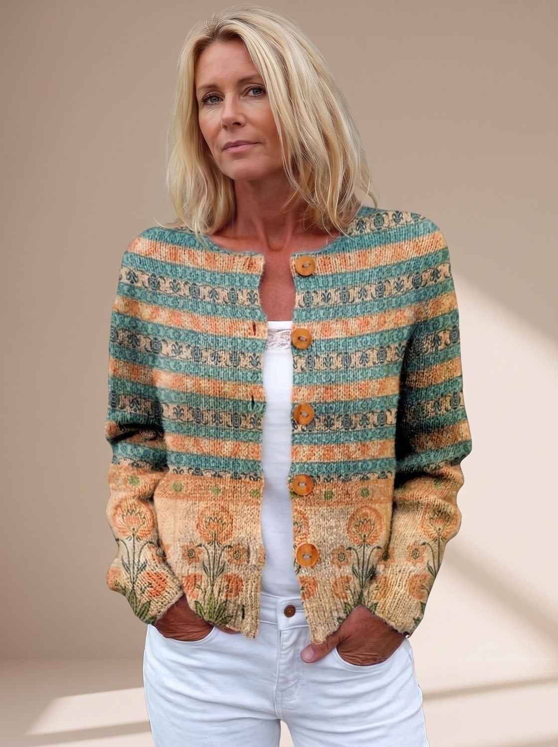 Gilet cardigan en maille à fleurs, boutonné sur le devant, à manches longues pour femme