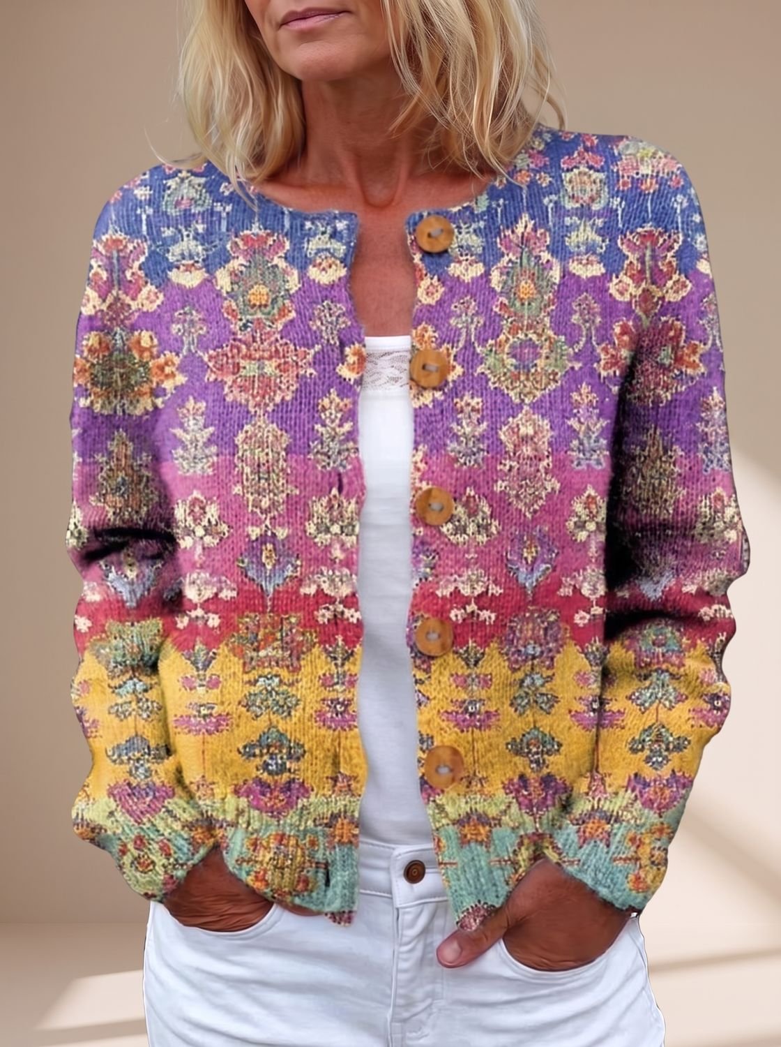 Gilet cardigan en maille à fleurs, boutonné sur le devant, à manches longues pour femme
