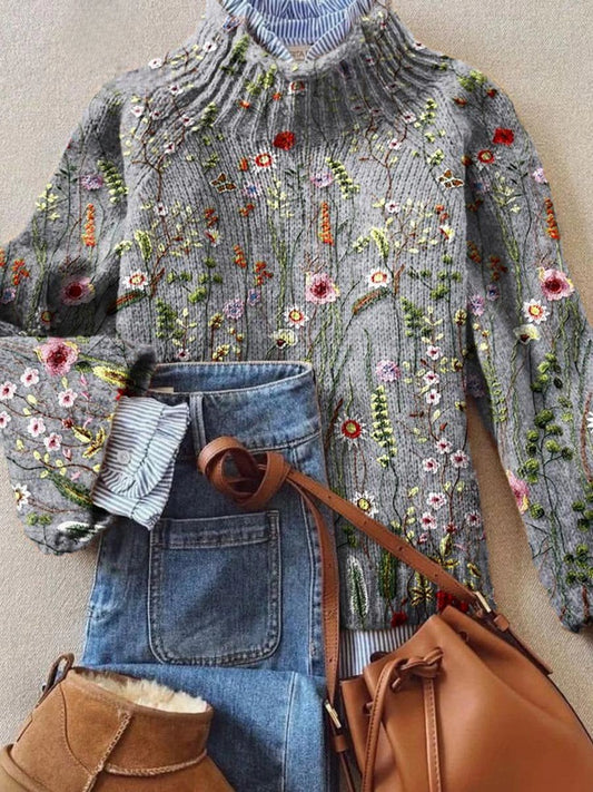 Pull à col roulé en maille avec broderies florales pour femme