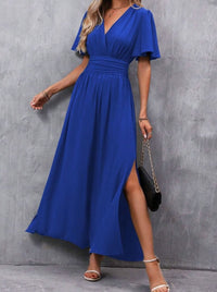 Women's Flutter Sleeve V-Neck High-Waist Maxi Dress with Side Slit