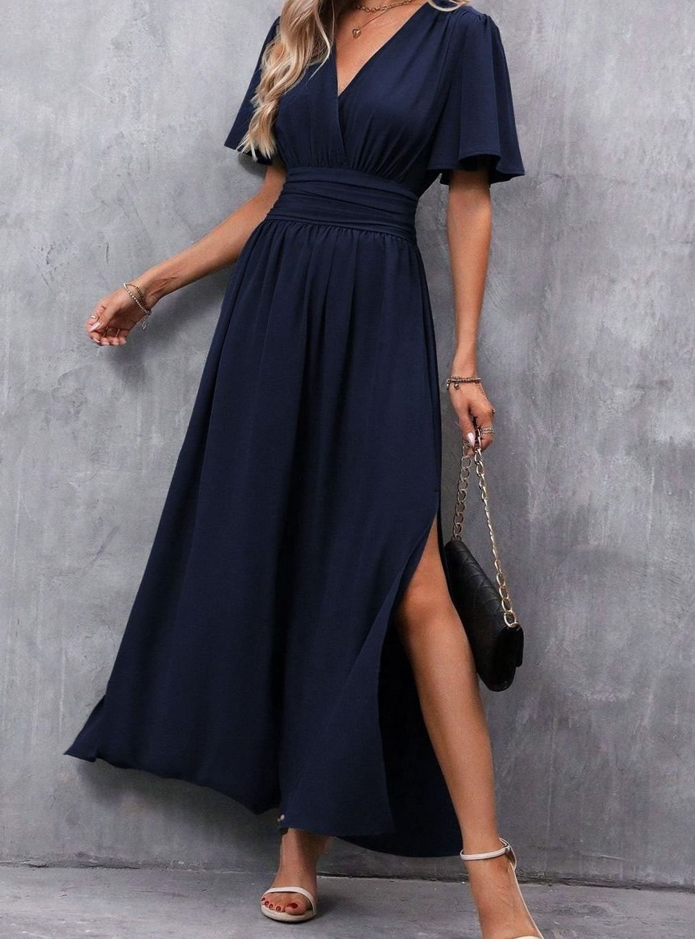 Women's Flutter Sleeve V-Neck High-Waist Maxi Dress with Side Slit